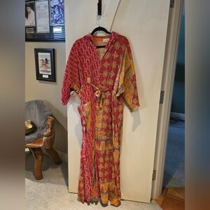 Kantha Rae Hand-Stitched Patchwork Jumpsuit in Red & Mustard